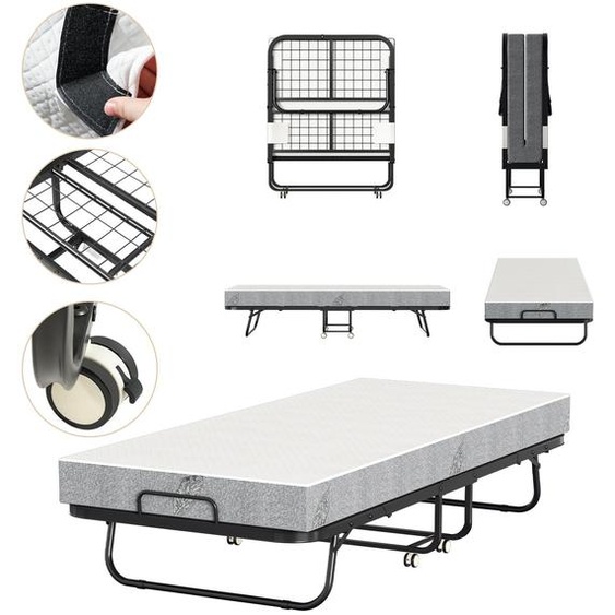 Lit dappoint pliable Ikodm, dimensions 90x200 cm, avec matelas en mousse de 13 cm dépaisseur, structure en métal, roulettes, capacité maximale de 200 kg