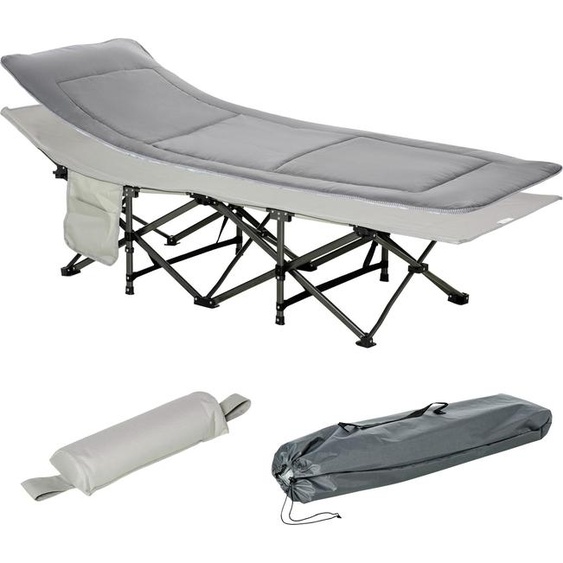 Lit de camping pliable avec oreiller et poche latérale, matelas gris clair, jusquà 150 kg