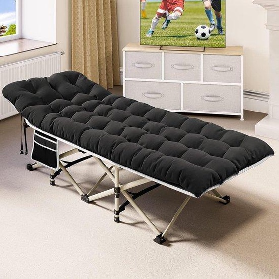 Lit de camping pliable pour adultes, robuste, noir, avec matelas épais