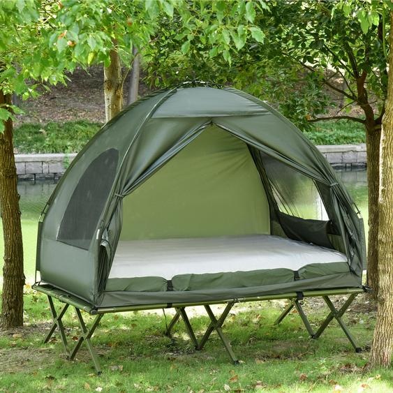 Lit de camping surélevé avec tente dôme – matelas pneumatique et pompe inclus, en taffetas, 193 x 136 x 178 cm, pour les aventures en plein air, vert