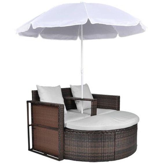 Lit de jardin avec parasol Marron Résine tressée