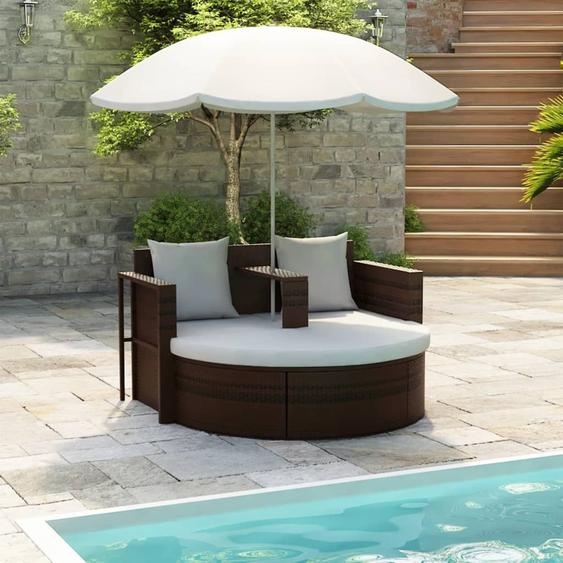 Lit de jardin avec parasol Marron Résine tressée