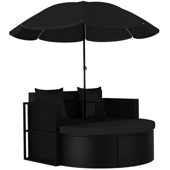 Lit de jardin avec parasol Résine tressée Noir