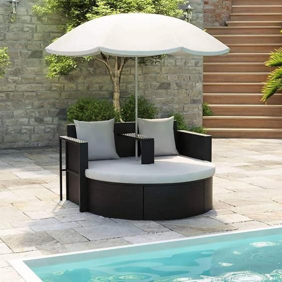 Lit de jardin avec parasol, transat en rotin pour 2 personnes, transat de jardin avec auvent, matelas, coussins, coin soleil, transat double, lit de jardin, fauteuil lounge pour jardin et terrasse, couleur marron