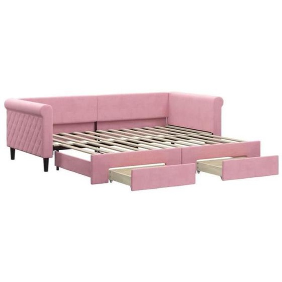 Lit de jour avec gigogne - MOTHINESSTO - Rose - 90x200 cm - Velours - 2 tiroirs de rangement