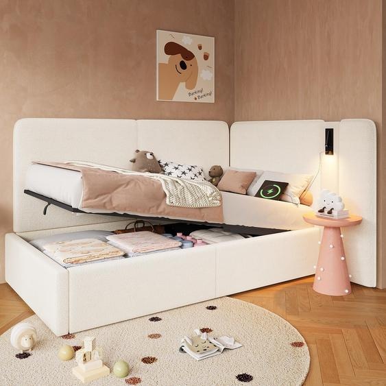 Lit de jour beige 90 x 200 cm, bouclé, lit rembourré avec rangement hydraulique, canapé-lit équipé dun port USB et dune lampe de lecture