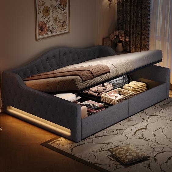 Lit de jour rembourré 140 x 200, canapé-lit avec rangement, coffre de rangement, éclairage LED 7 couleurs, housse en lin, lit fonctionnel, lit dappoint, gris