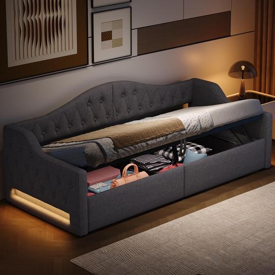Lit de jour rembourré 90 x 200, canapé-lit avec rangement, coffre de rangement, éclairage LED 7 couleurs, housse en lin, lit fonctionnel, lit dappoint, gris