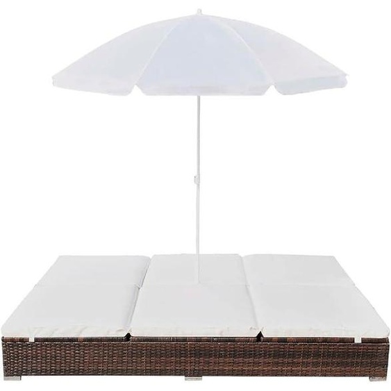 Lit de relaxation dextérieur en polyrotin marron, avec parasol, transat double résistant aux intempéries pour jardin et terrasse, îlot de relaxation confortable avec coussins et protection UV, dimensions : 197 x 140 x 190 cm