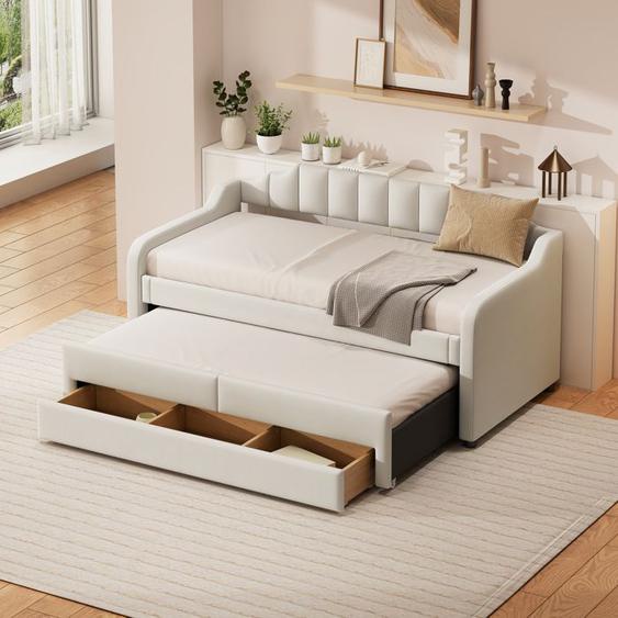 lit de repos simple rembourré avec rangement escamotable et tiroirs, beige,90 cm x 200 cm (190 cm)-HAUSS SPOLE