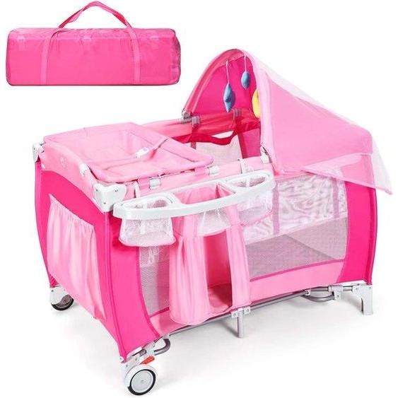 Lit de voyage pliable 4-en-1, berceau, table à langer et parc avec fonction balancelle, comprenant un arc de jeu, un matelas à langer, un matelas, un organiseur à couches et un sac de transport (rose)