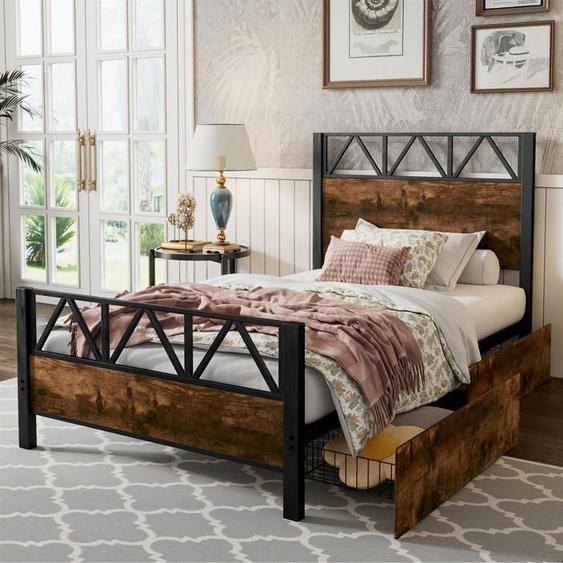 Lit denfant, couleur bois vintage, sans matelas, 90x200 cm, deux espaces de rangement, métal et MDF