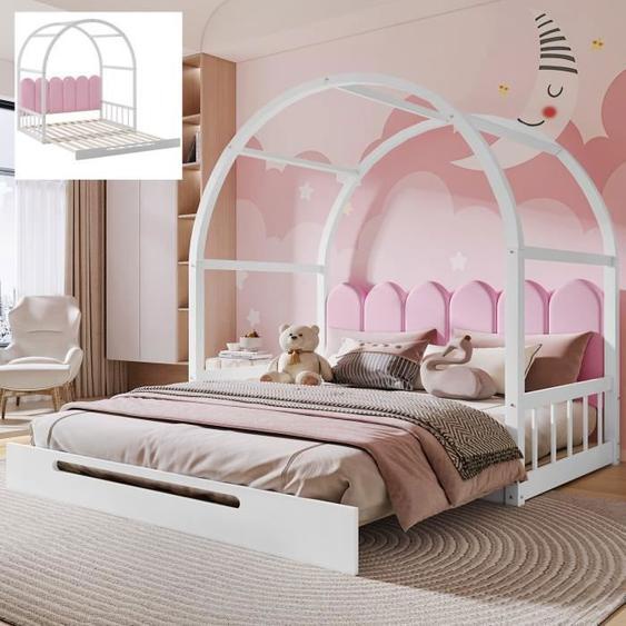 Lit Double 140x100 &140x200cm Toit VoûTé Extensible Lit Enfant Cadre En Pin Velours Lit 2 Personnes , Blanc Et Rose