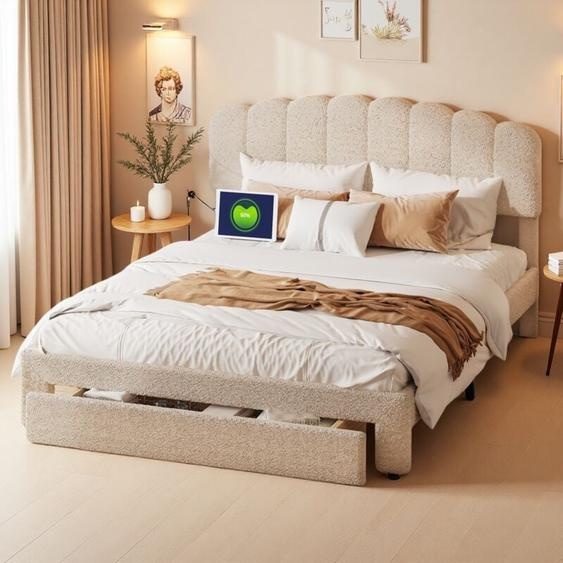 Lit double 140x190 cm, avec tête de lit réglable, avec port USB et port Type-C, un grand tiroir en bout de lit, sommier à lattes, polaire teddy,