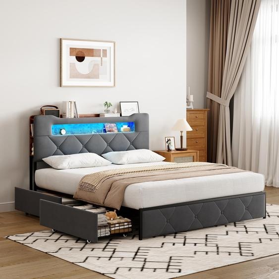Lit double 140x190 cm en velours gris avec LED,USB, sommier à lattes, tête de lit rangement et 4 tiroirs, Velours, Beige