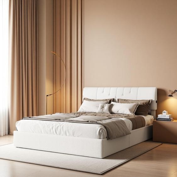 Lit double 140x190 cm en velours Teddy  avec LED, coffre de rangement à vérin, ports USB sur les côtés, design moderne et confortable