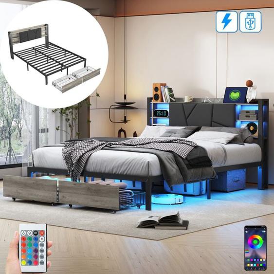 Lit double 140x200 cm, avec 2 tiroirs, LED, port USB, étagères de rangement, sommier à lattes, cadre en métal, APP, lit adulte capitonné en