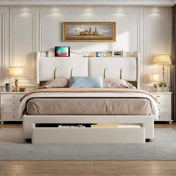 Lit double 140x200 cm avec coffre de rangement hydraulique, tête de lit en velours beige avec LED réglable, ports USB et prises EU intégrées