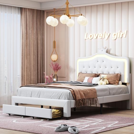 Lit Double 140x200 Cm, Simple Avec Sommier à Lattes, Tiroirs, LED, Lit Princesse Avec Couronne,blanc