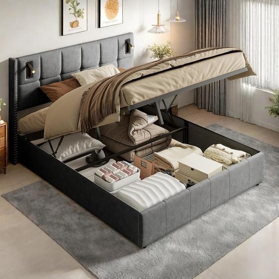 Lit double 140x200cm en tissu velours gris avec coffre de rangement hydraulique, tête de lit cloutée avec lampes de lecture intégrées