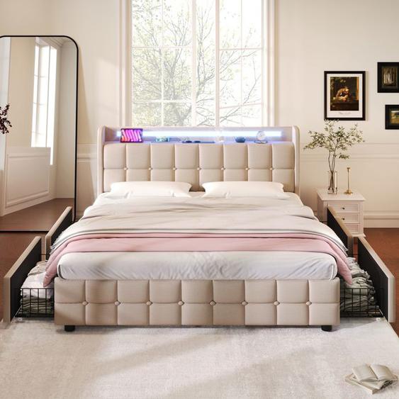 Lit double 160x200 avec 4 tiroirs et USB, Lit capitonné modernité avec sommier à lattes, tête de lit avec LED, tissu en lin, beige