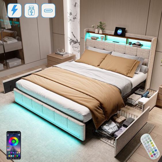 Dans Les Nuages - Lit double 160x200 cm, avec 4 tiroirs, éclairage led, étagères, usb fonction de charge c, sommier à lattes en bois, lit capitonné