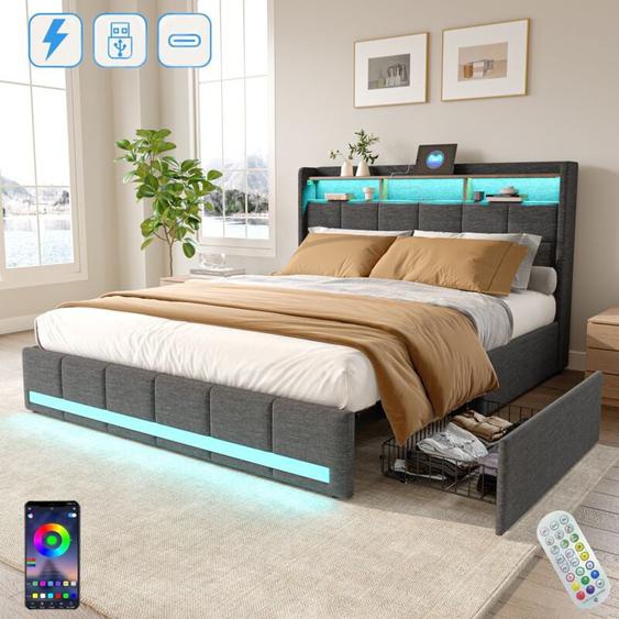 Lit double 160x200 cm, avec 4 tiroirs, éclairage led, étagères, usb fonction de charge c, sommier à lattes en bois, lit capitonné en lin - Gris