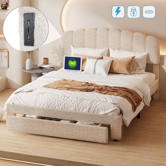 Dans Les Nuages - Lit double 160x200 cm, avec tiroirs, usb-a/c fonction de charge, sommier à lattes en bois, lit capitonné en sherpa - Beige