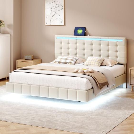 Eifson - Lit double 160x200 cm, lit flottant rembourré, avec éclairage led et tête de lit à lattes, en lin, sommier à lattes, structure en métal,