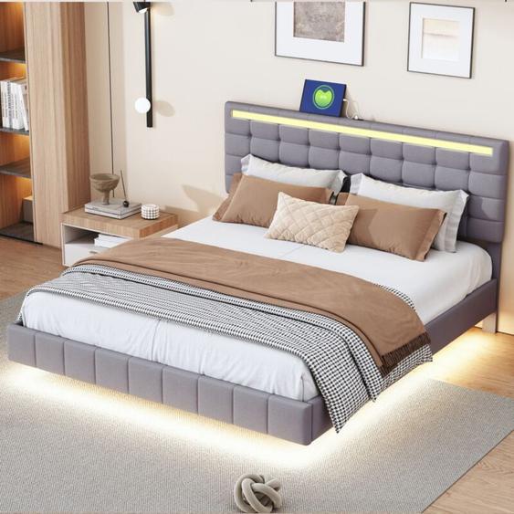 Eifson - Lit double 160x200 cm, lit flottant rembourré, avec éclairage led et tête de lit à lattes, en lin, sommier à lattes, structure en métal,