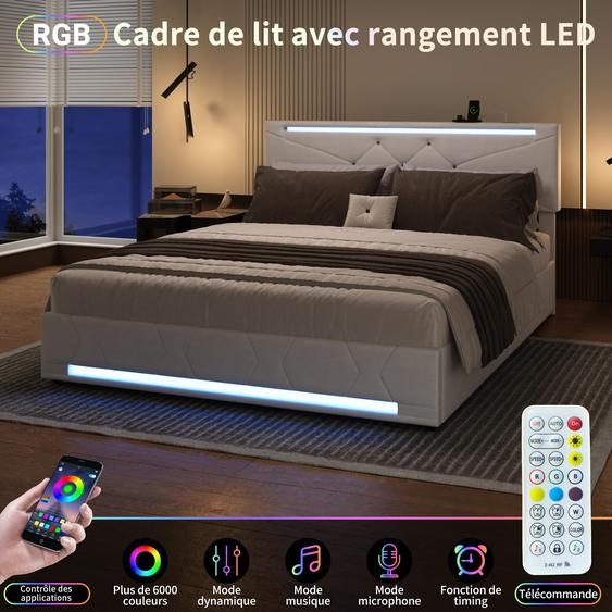 Lit double 160x200 cm, rangement à vérin hydraulique, tête de lit réglable, LED multicolores, Lin, Beige