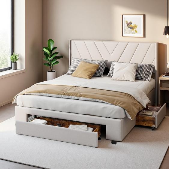 Lit double 160x200cm en lin beige avec 3 tiroirsCadre de lit rembourré  – Tissu écologique, doux & confortable, facile à entretenir