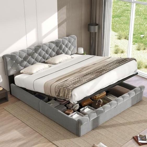 Lit double 180×200 avec rangement hydraulique et tête de lit réglable, lit capitonné avec sommier à lattes, lit ado adulte gris