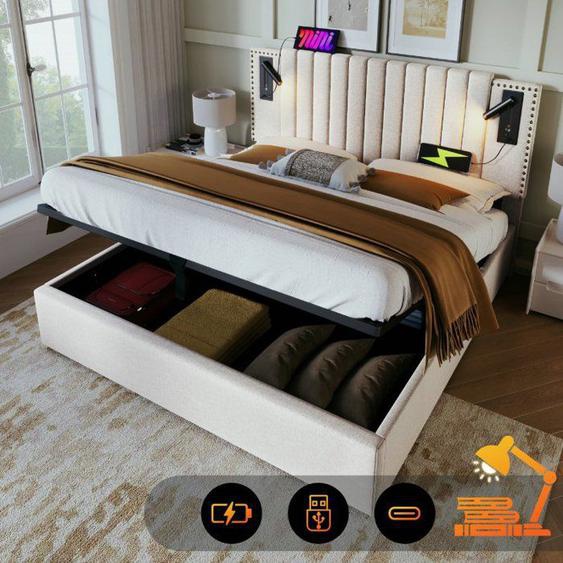 Lit double 180x200 cm structure de lit avec lampe de lecture, lit coffre avec fonction de chargement USB, coton, beige