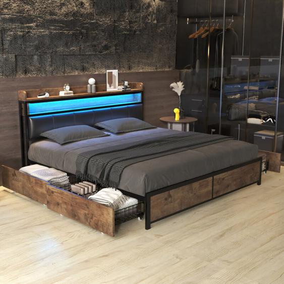 Lit double 180x200,lit 180 x 200,lit capitonné,lit adulte,sommier à lattes et tiroirs,LED,rangement de chevet,PU,noir