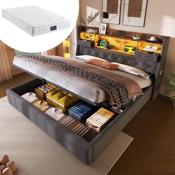Lit double avec coffre intégré, dimensions 140x200 cm, système hydraulique, tête de lit LED avec 4 ports de chargement (USB/Type-C), sommier à lattes, revêtement en lin, inclut le matelas, couleur gris
