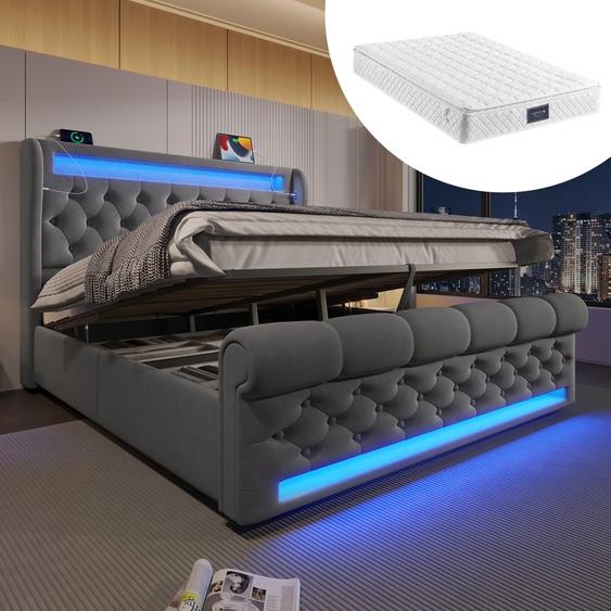 Lit double avec tête de lit rembourrée, dimensions 160x200 cm, éclairage LED, tête de lit avec espace de rangement, ports USB et Type-C, espace de rangement hydraulique, revêtement en velours, inclut le matelas, couleur gris