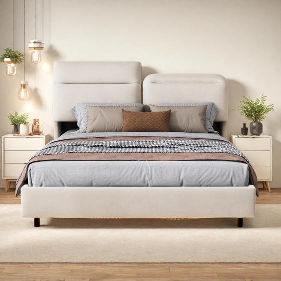Lit double blanc cassé, 160 x 200 cm, avec éclairage LED, avec tête de lit pliable , coffre de rangement, hydraulique, en velours, sans matelas