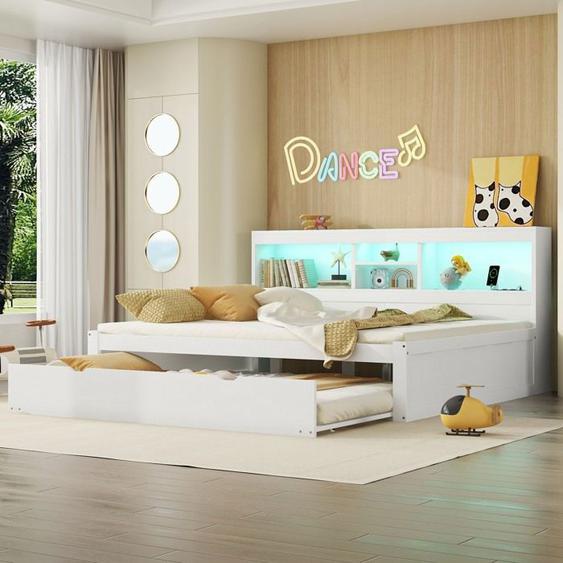 Lit double, canapé-lit, lit plat 140x200 cm avec télécommande éclairage escamotable - blanc