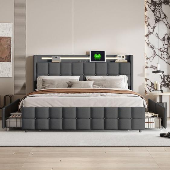 Lit double capitonné 160x200 cm, avec 4 tiroirs, éclairage led, ports et prises usb, sommier à lattes, linge, lit queen size - Gris