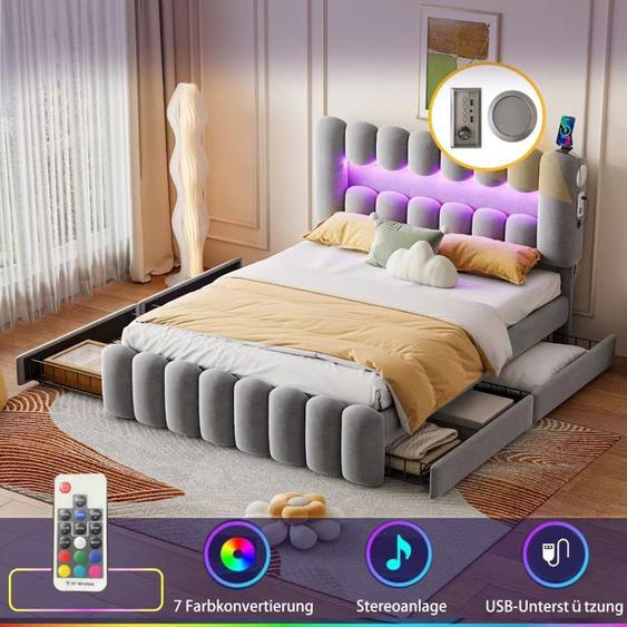 Lit double classique 160x190 cm-TOPESCT, 4 tiroirs, tête de lit réglable en hauteur avec LED, USB et système stéréo, velours, gris