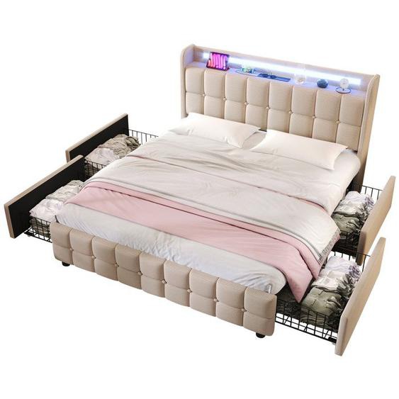 Lit double complet rembourré,superposé adult-USB, LED et tiroirs-bois,beige,avec matelas,160x200cm-HAUSS SPOLE