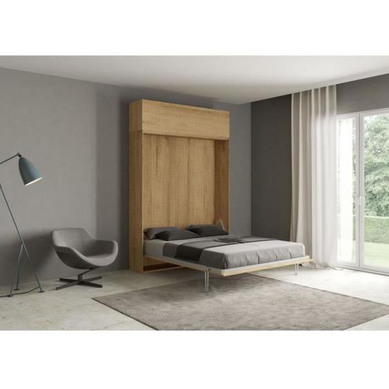 Lit escamotable double - Kentaro - Chêne naturel - Élément mural vasistas - 160x190 cm - Contemporain