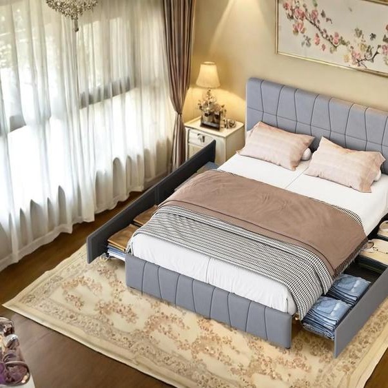 Lit double gris 160 x 200 cm, velours, cadre de lit avec 4 tiroirs, sans matelas