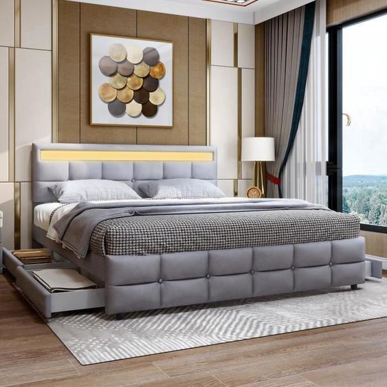 Lit double - LEYTN - 180x200 cm - Velours gris - 4 tiroirs - Lumière LED colorée