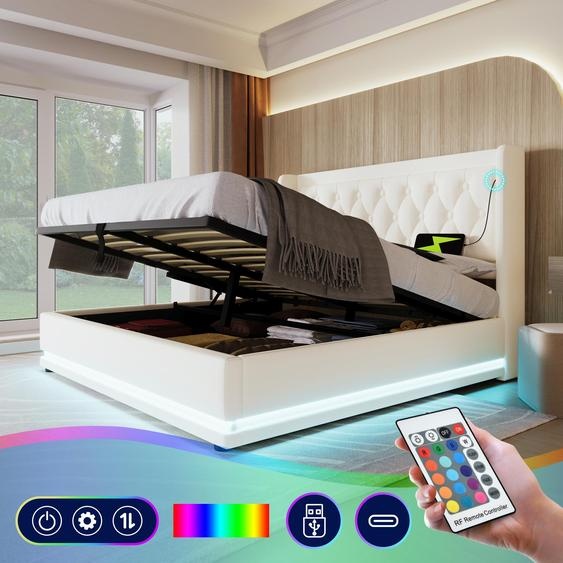 Lit double matelassé, 140*200 cm, blanc, en matériau PU. Lit avec système hydraulique de rangement, tête de lit rembourrée avec fonction de charge USB de type C