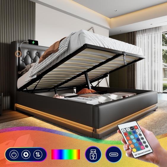 Lit double matelassé, 140*200 cm, noir, en matériau PU. Lit avec espace de rangement accessible par un système hydraulique, tête de lit rembourrée avec fonction de charge USB de type C