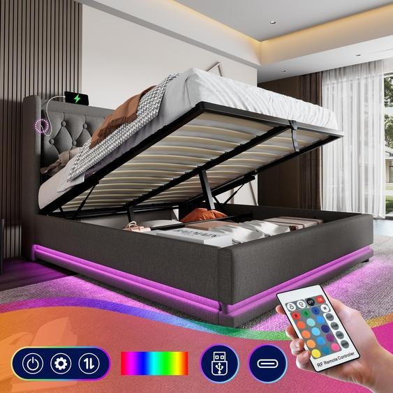 Lit double matelassé 160*200 cm, gris, revêtement en coton. Lit avec espace de rangement accessible par un système hydraulique, tête de lit rembourrée avec fonction de charge USB de type C