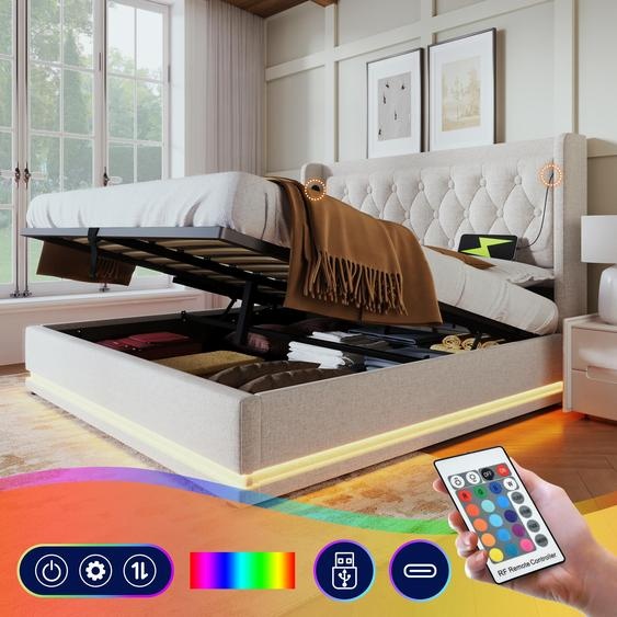 Lit double matelassé 180*200 cm, en coton beige. Lit avec espace de rangement accessible par un système hydraulique, tête de lit rembourrée avec fonction de charge USB de type C