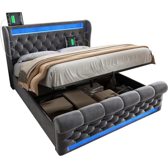Lit double rembourré 140x200cm, Lit rembourré avec lampes LED, Tête de lit de rangement, Lit de rangement hydraulique, Gris, (avec matelas)